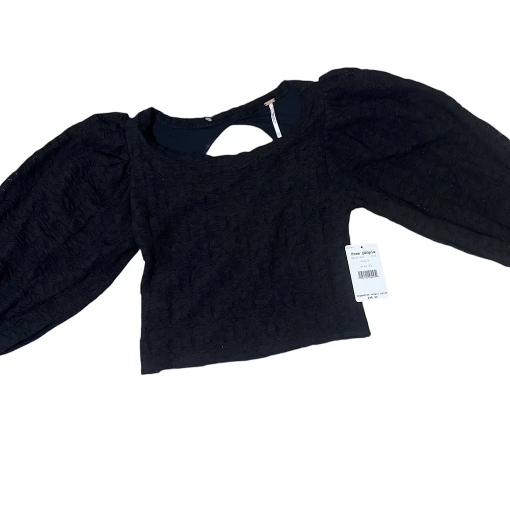 Free People Black Square-Neck Puff Sleeve Crop Top